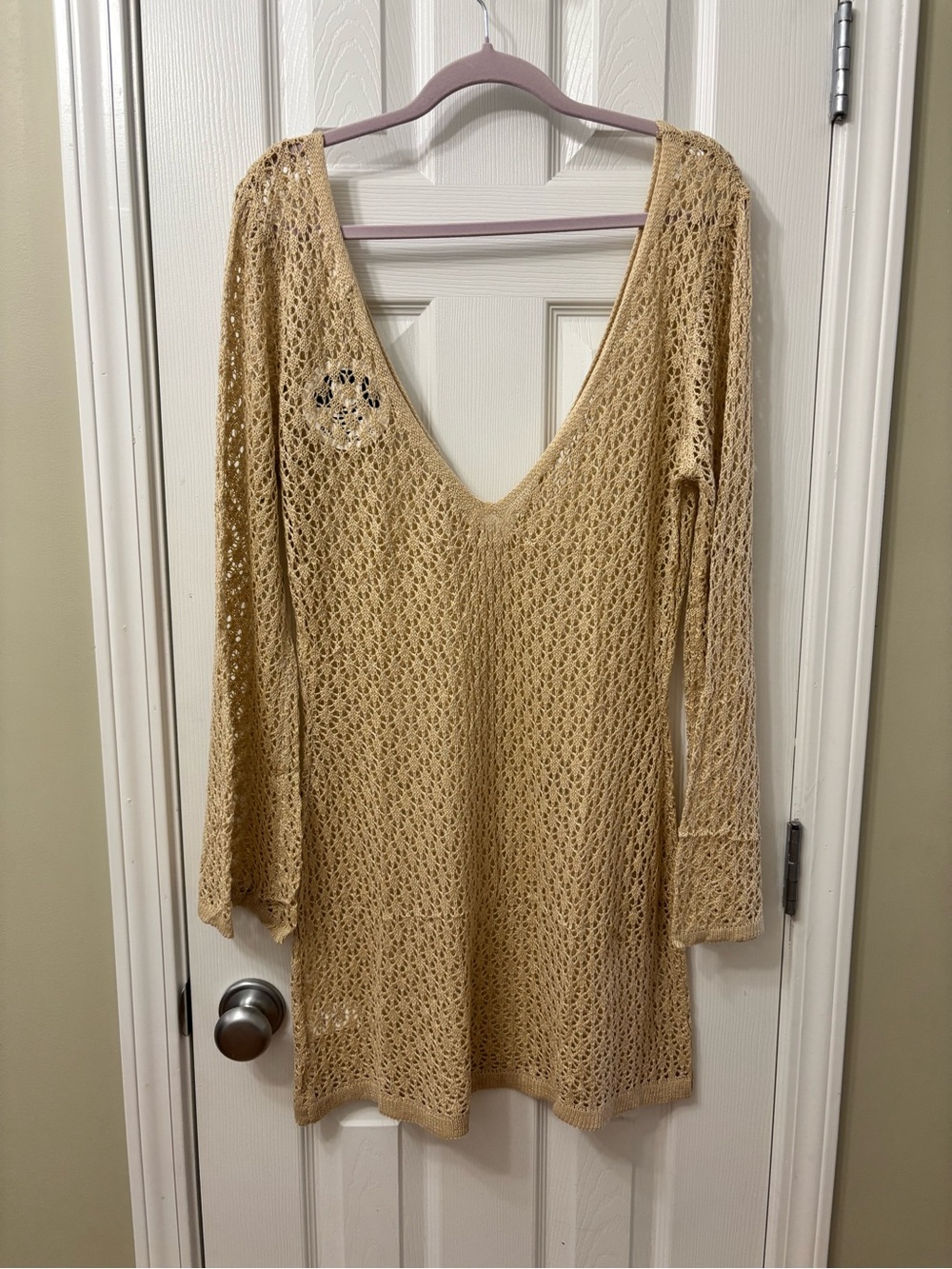 NWT BREATHSUNNY Sheer Crochet Knit V-Neck Swim Cover-Up Tunic Dress Tan Large - Picture 3 of 5